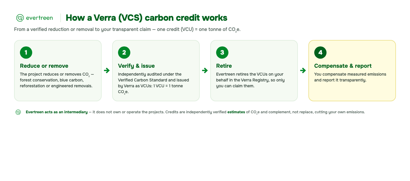 Diagram: how a Verra VCS carbon credit works — the project reduces or removes CO2, it is independently verified and issued by Verra as VCUs (one VCU = one tonne), Evertreen retires them on your behalf, and you compensate measured emissions