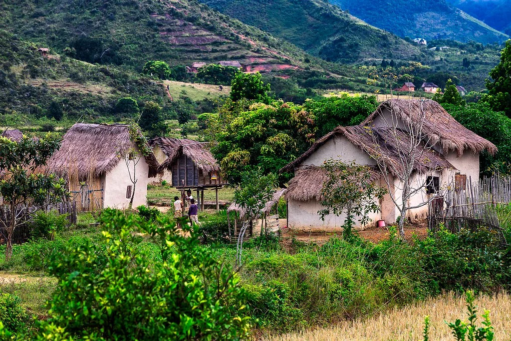 Traditional thatched-roof houses of a Malagasy highland village, with children beside a raised rice granary and forested hills behind
