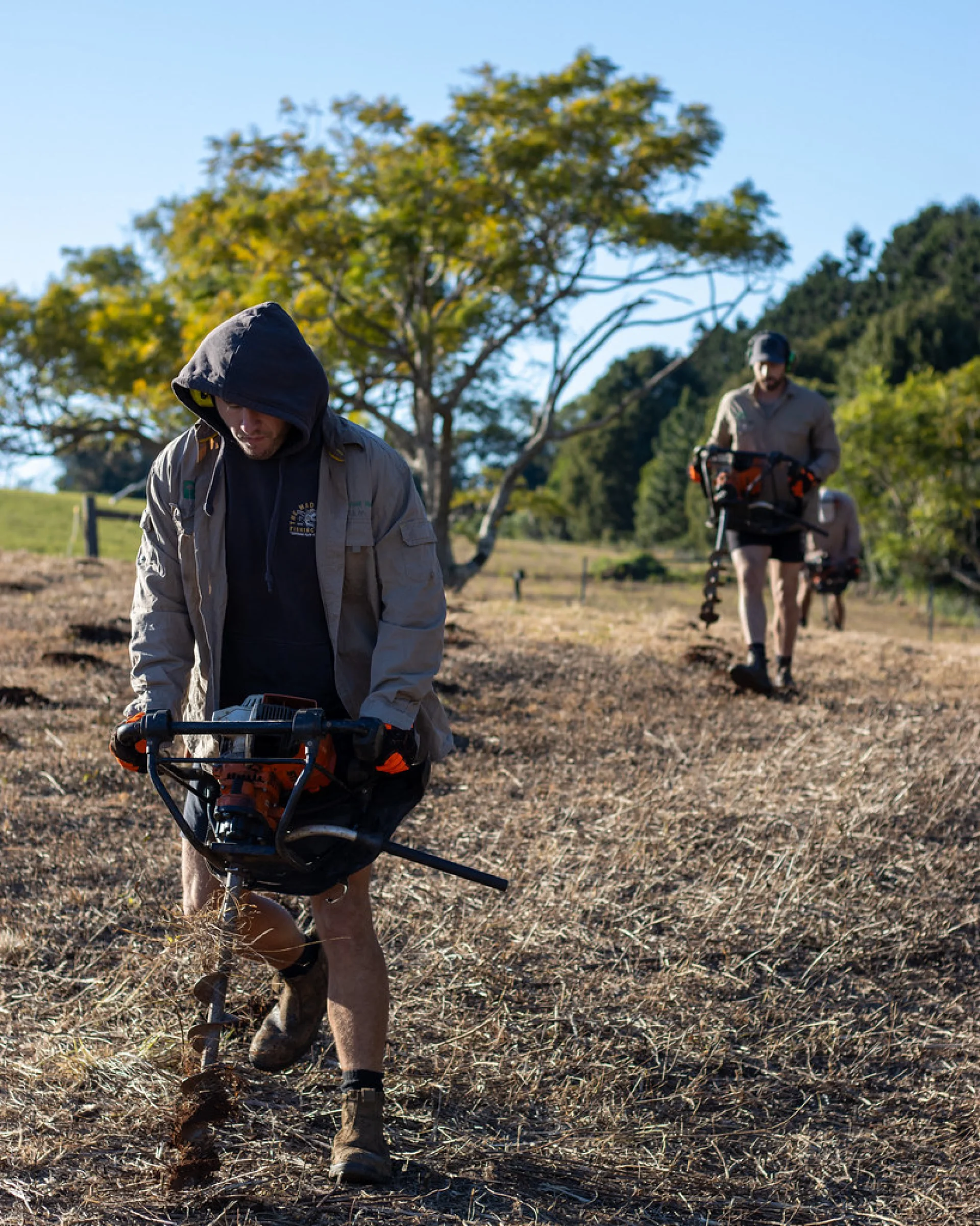 Volunteer James planting a native tree seedling at the Queensland restoration site